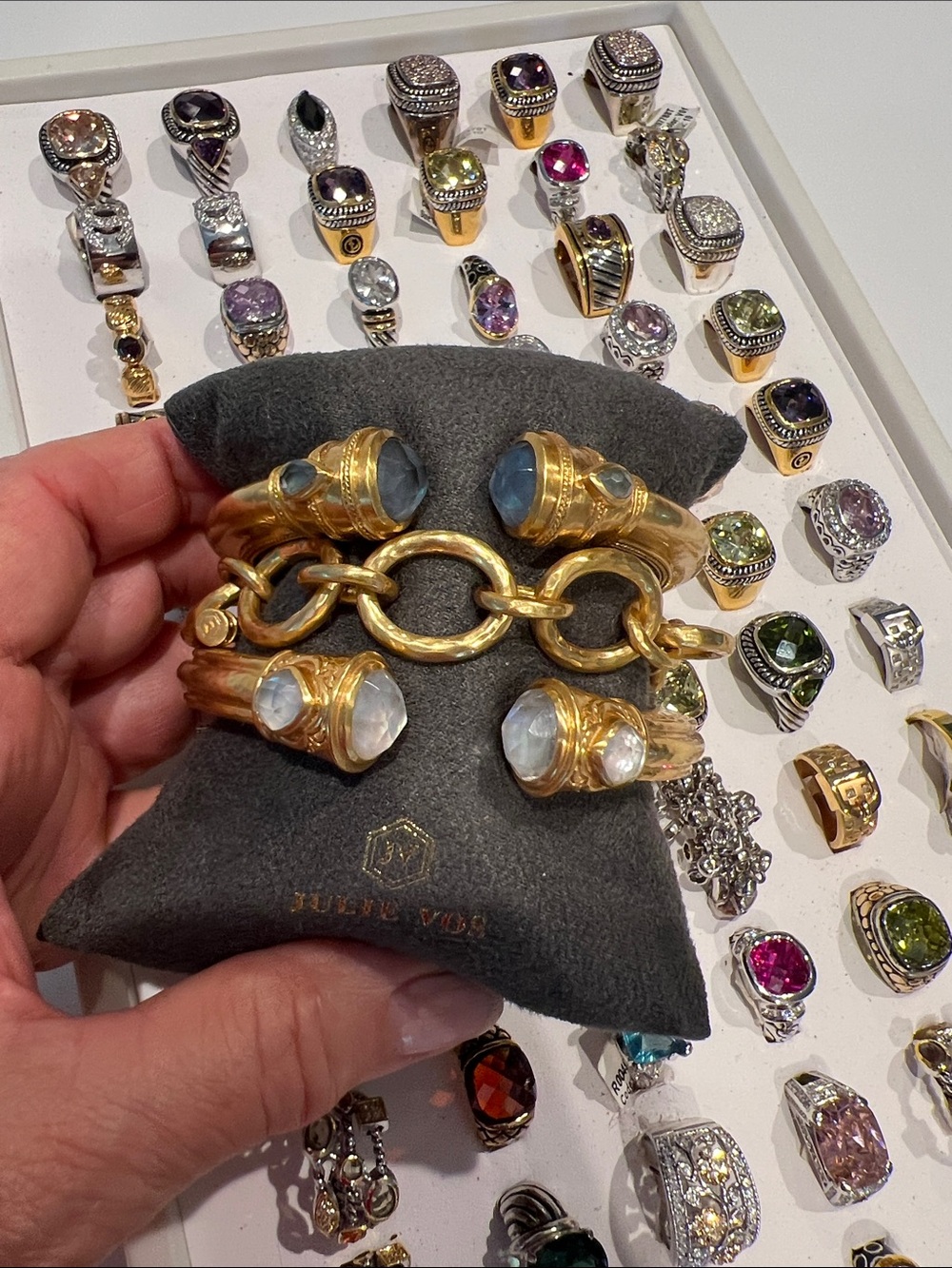 Julie Vos Gold Cannes Demi Cuff Bracelet blue end cap & pear shaped Gemstones - Picture 3 of 9